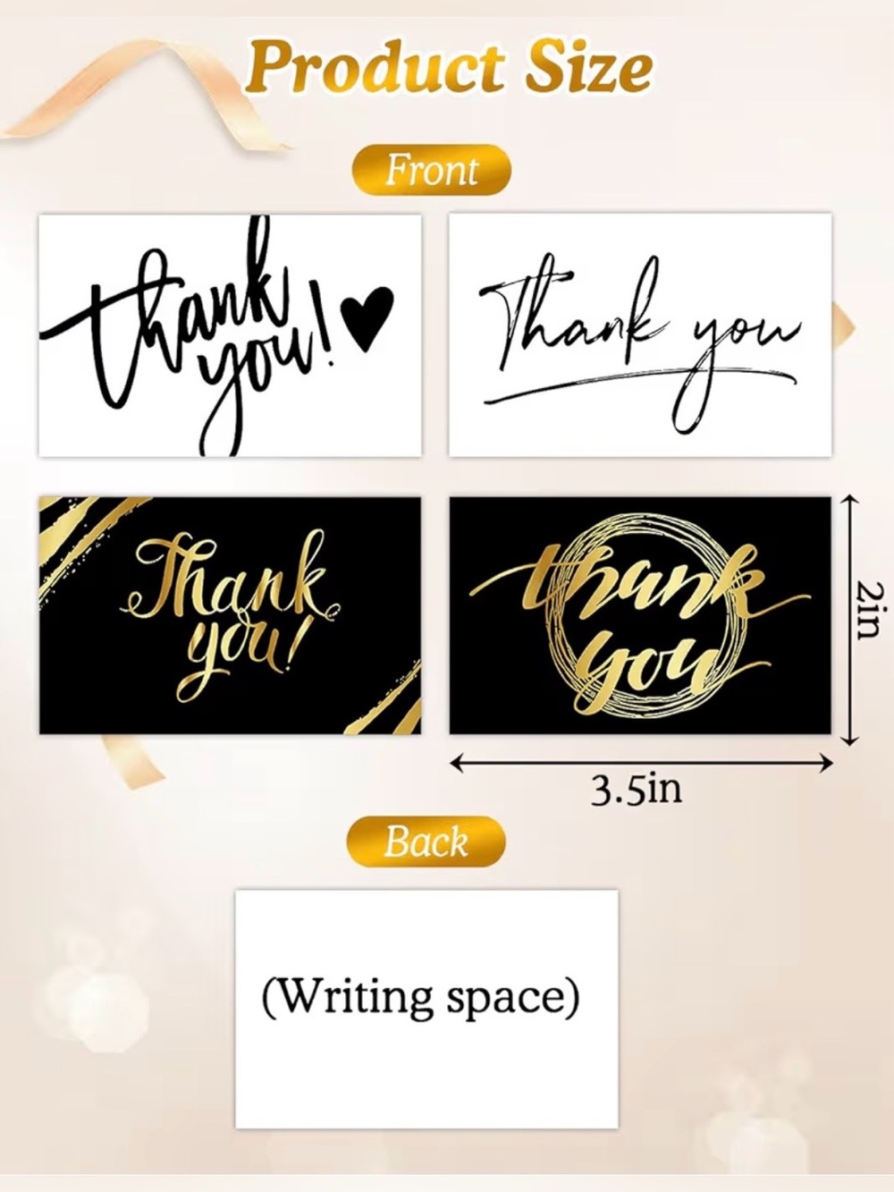 200 Thank You Cards - Black, White and Gold